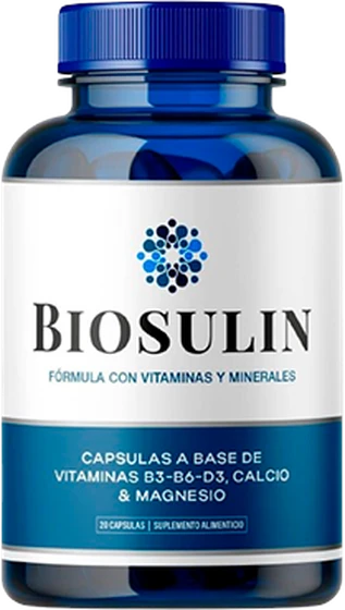 Frasco de Biosulin con 20 cápsulas de gimnema, cromo y nopal