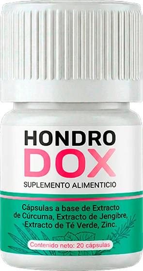 Frasco de Hondrodox con 20 cápsulas de cúrcuma y jengibre