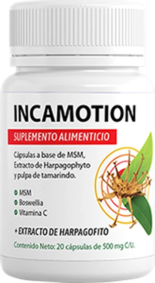 Frasco de IncaMotion con 20 cápsulas de 500 mg para las articulaciones
