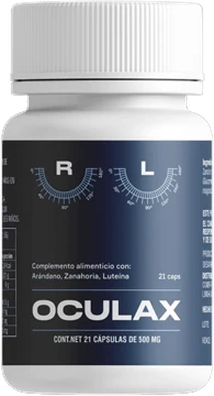 Frasco de Oculax con 21 cápsulas de 500 mg para la vista